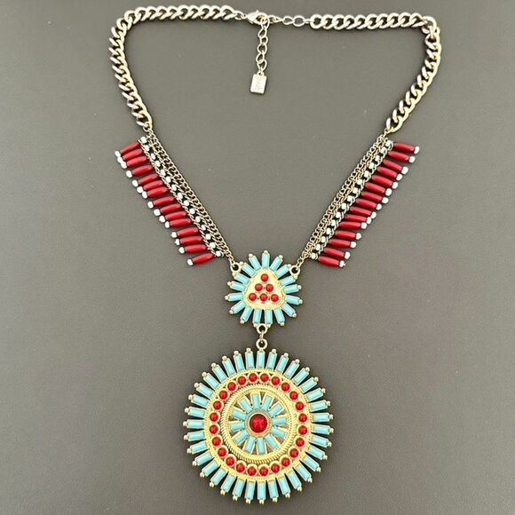 Chaps Boho Fringe Medallion Statement Faux Turquoise & Coral Necklace - Picture 1 of 6
